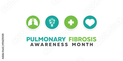 Pulmonary Fibrosis Awareness Month. Lung disorder, plus icon and heart. Great for cards, banners, posters, social media and more. White background.