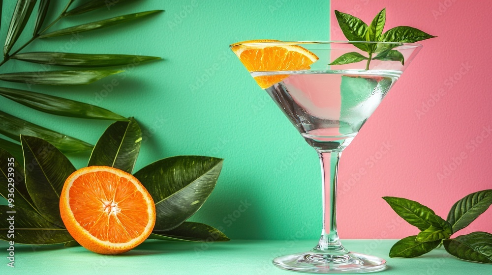 Fototapeta premium A close-up of an orange slice in a glass of water on a table next to a potted plant