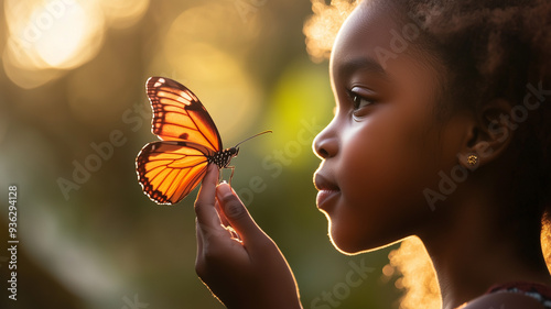 Side profile of a young Black girl gazing intently at an orange butterfly perched on her finger. The image embodies themes of conservation. Ai generated photo