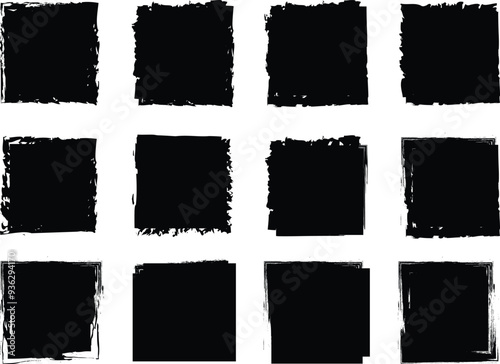 Brush stroke, ink paint brush, grunge box. Black square shapes with ripped jagged borders. Vintage grunge boxes for collage, text, banner, and sticker design.