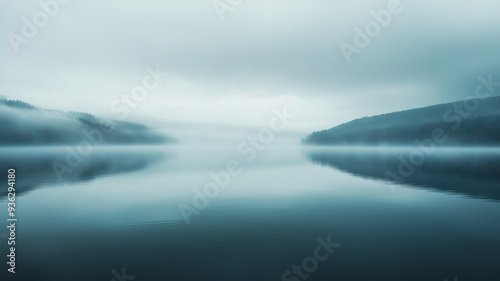 Tranquil lake reflecting the muted colors of a foggy morning, the water blending seamlessly with the misty sky. Ai generated