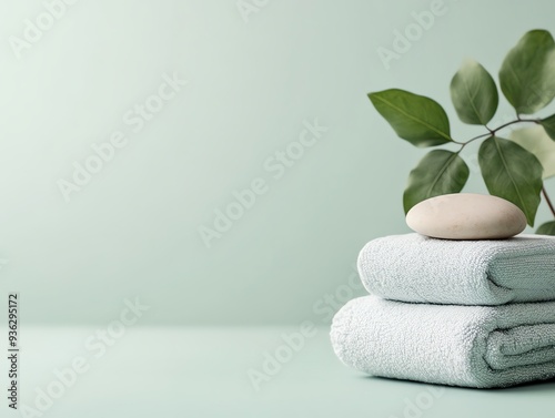 Spa towels and stone with green leaves on a green background.