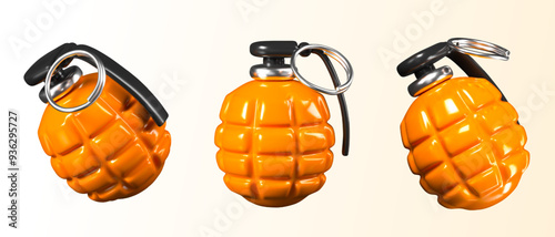 Round orange hand grenade with metal ring. Detailed explosive with ribbed shell