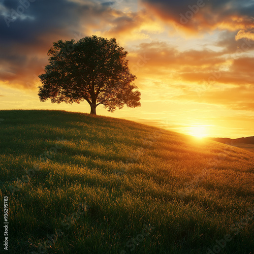 A tree is standing in a field of grass with the sun setting in the background