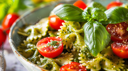 Wallpaper Mural vibrant pesto pasta salad, with homemade farfalle, cherry tomatoes, and fresh basil, served in a bright kitchen setting Torontodigital.ca