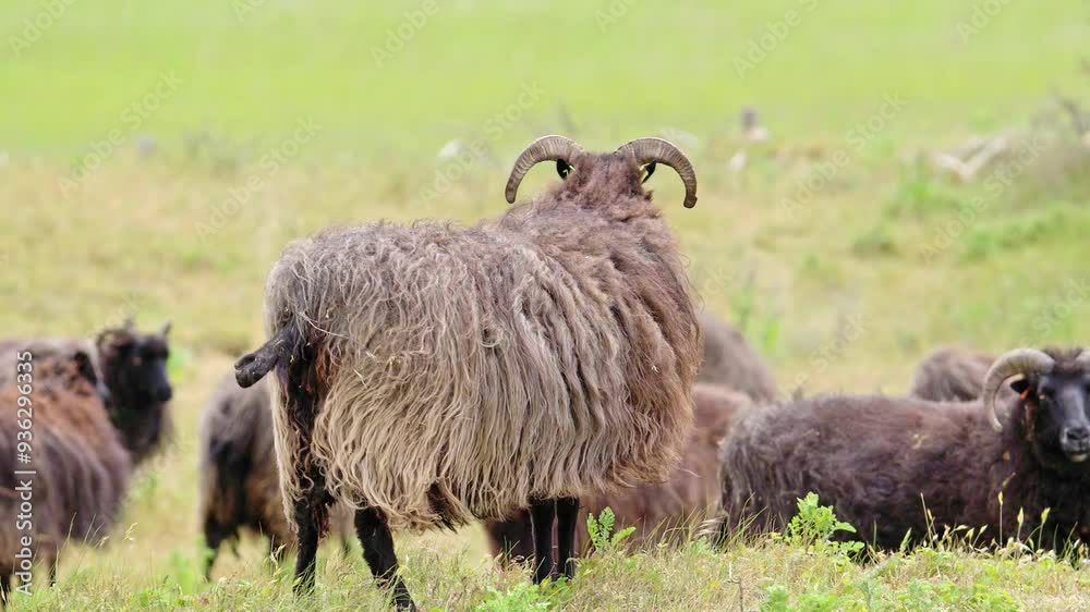 Hebridean sheep, adult, grazing coastal grassland. Hebridean sheep, adult, grazing coastal grassland.