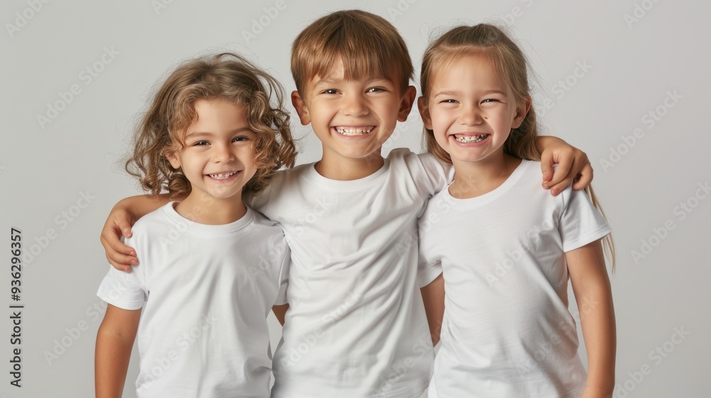 Four cheerful kids in white shirts standing close and smiling, showcasing the joy and friendship of childhood. Four cheerful kids in white shirts standing close and smiling, showcasing the joy and friendship of childhood.