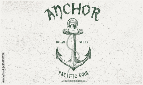 Vintage anchor hand sketch for apparel, stickers, posters and background. Summer adventure artwork. South ocean. Pacific soul graphic print design for t shirt.
