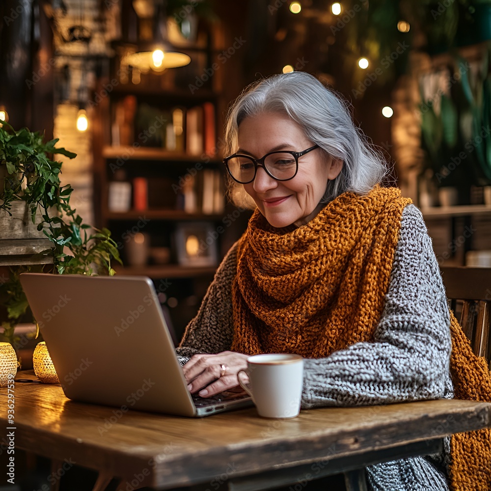 An elderly woman is working on a laptop in a corner of a coffee shop. An elderly woman is working on a laptop in a corner of a coffee shop.
