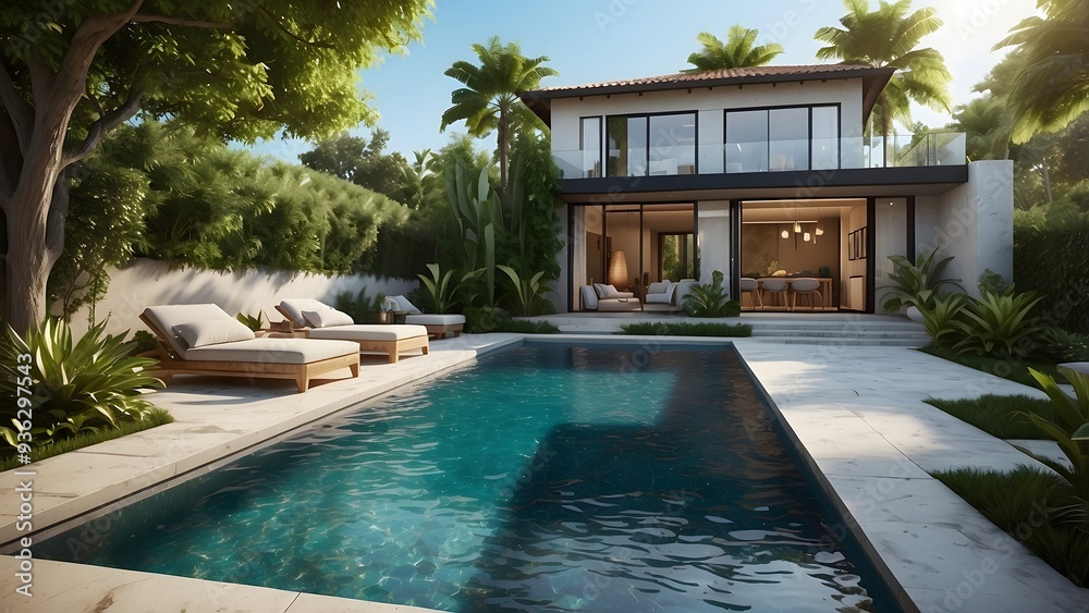 Fototapeta premium Architectural exterior design of lush green backyard of a palace with a crystal clear swimming pool filled with water of a house