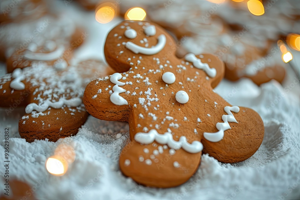 A close-up of frosted gingerbread men cookies with bright icing, surrounded by powdered sugar and Christmas light A close-up of frosted gingerbread men cookies with bright icing, surrounded by powdered sugar and Christmas light