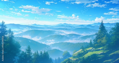 A vast forest landscape, a blue sky, and morning mist create an anime-inspired aesthetic