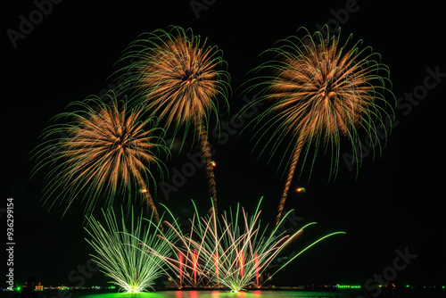 Real Fireworks at Pattaya bay, Pattaya national Fireworks Festival contest, November of every Year, Beautiful of bright light fireworks Show in middle sea, for postcard wallpaper backgrounds.