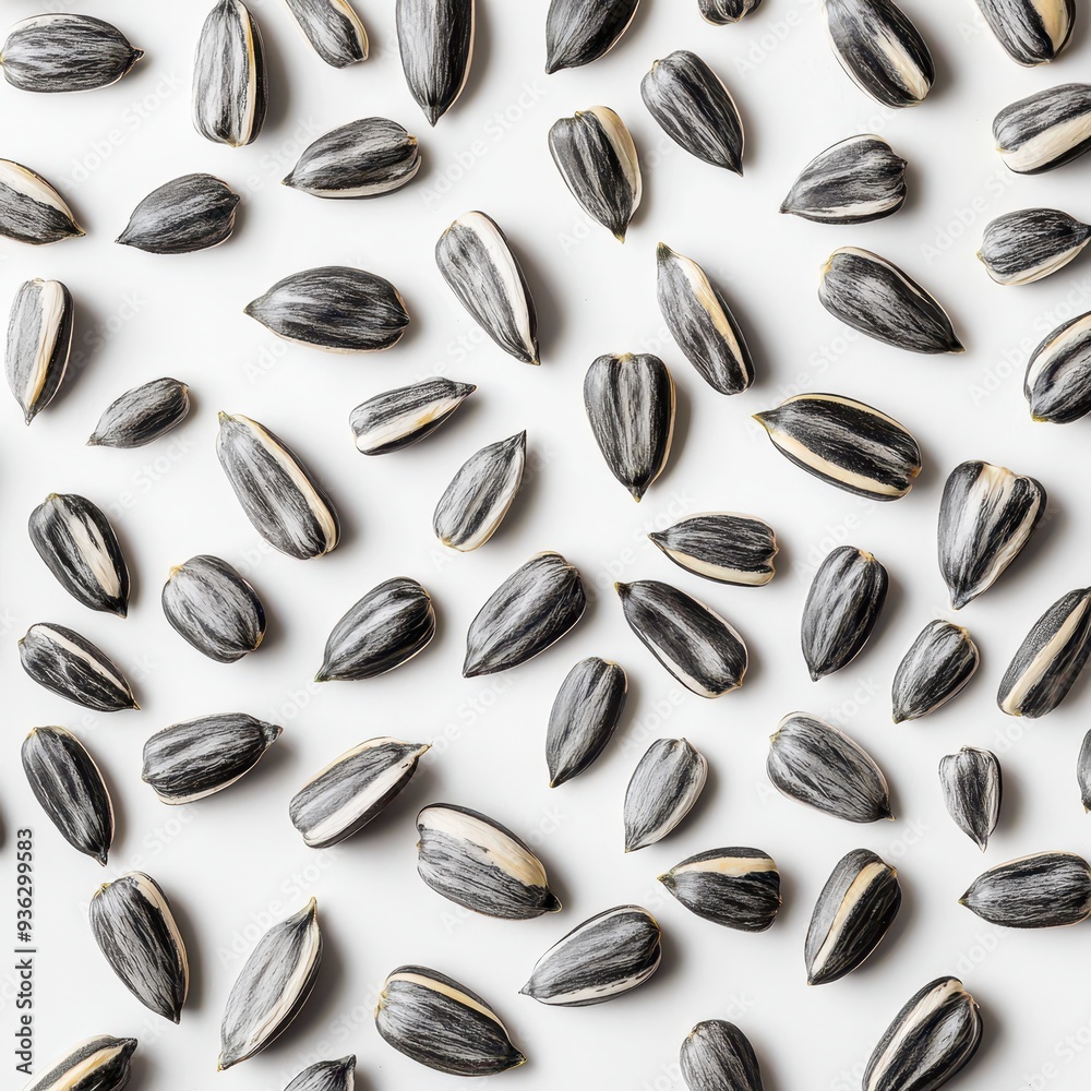 A neatly arranged pattern of sunflower seeds displayed on a clean white background. A neatly arranged pattern of sunflower seeds displayed on a clean white background.