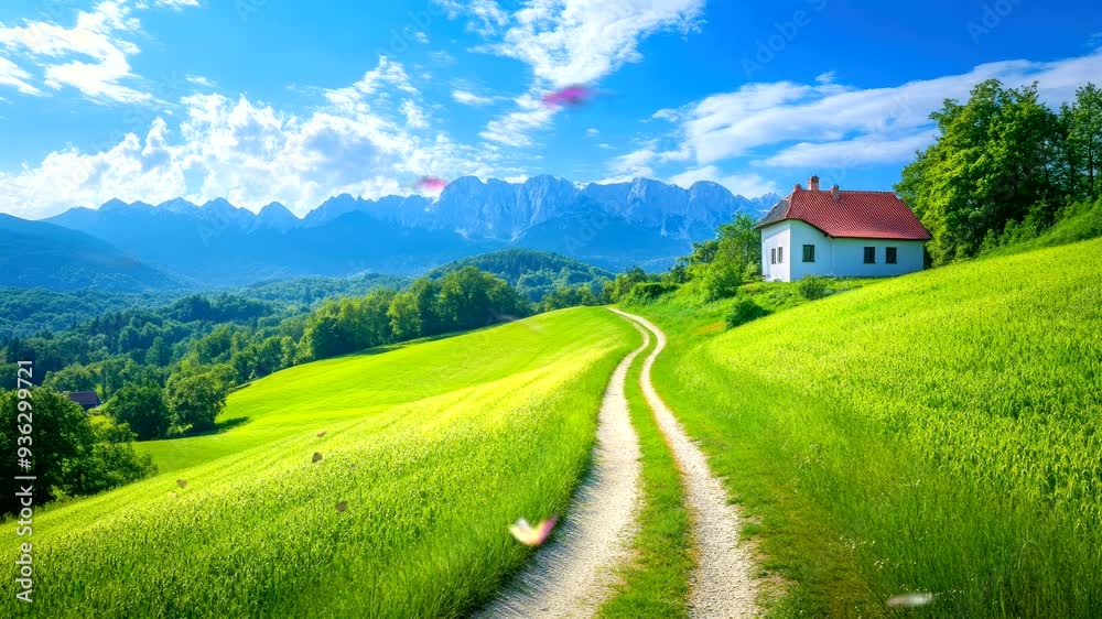 beautiful nature view with green meadow, path lead to house on hill video animation background for live wallpaper Seamless looping time-lapse 4k beautiful nature view with green meadow, path lead to house on hill video animation background for live wallpaper Seamless looping time-lapse 4k