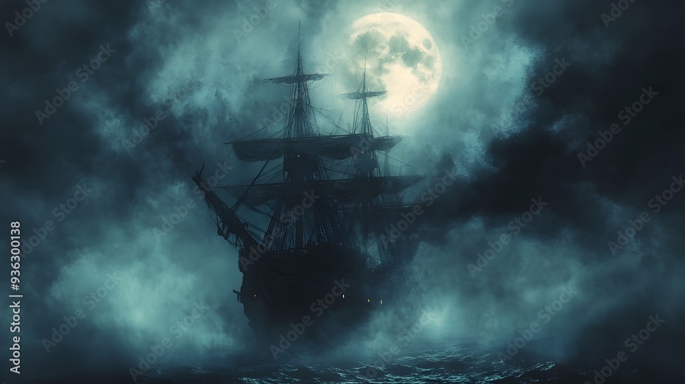 Ghostly Pirate Ship Sailing Under Full Moon in Eerie Watercolor Mist Ghostly Pirate Ship Sailing Under Full Moon in Eerie Watercolor Mist