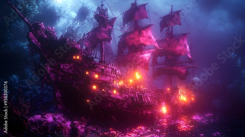 Haunted Pirate Shipwreck Glowing Underwater in Ethereal Watercolor Style photo