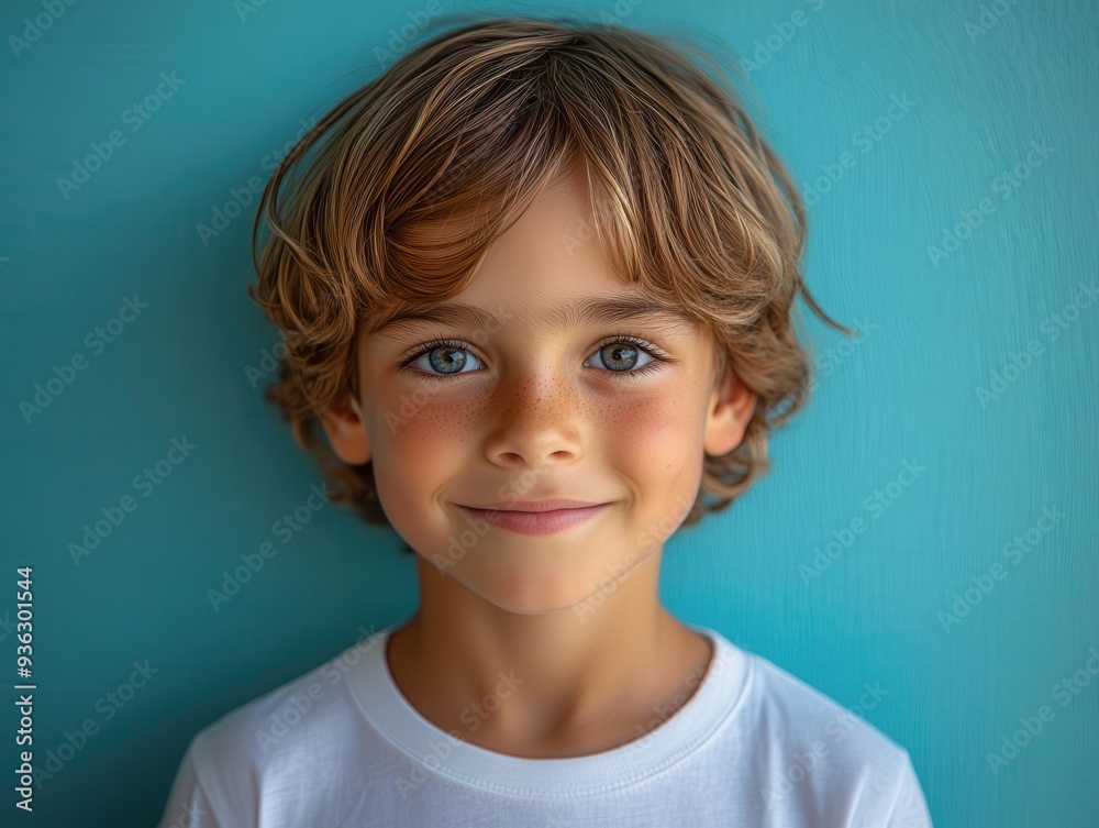 youthful portrait smiling boy in crisp white tshirt stands confidently against vibrant blue background clean lines and minimalist style emphasize the innocence and potential of childhood youthful portrait smiling boy in crisp white tshirt stands confidently against vibrant blue background clean lines and minimalist style emphasize the innocence and potential of childhood