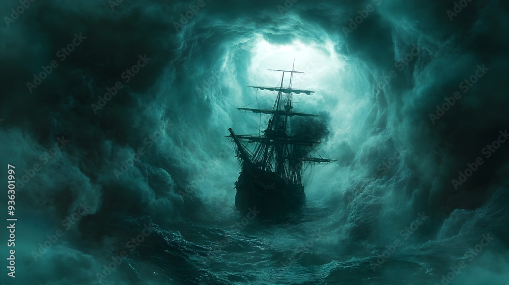Spectral Pirate Ship Trapped in Cursed Whirlpool of Eerie Watercolor Seascape Spectral Pirate Ship Trapped in Cursed Whirlpool of Eerie Watercolor Seascape