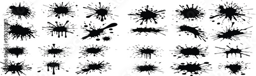 Print  Ink splashes stencil very detailed collection. High quality manually traced. Black inked splatter dirt stain splattered spray splash with drops blots. Isolated Silhouettes dirty liquid vector g