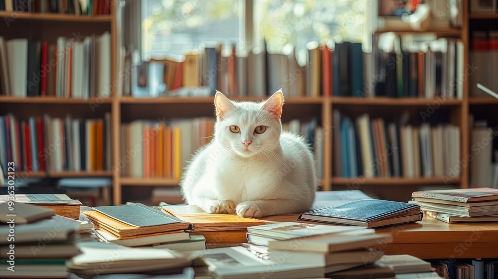 A white cat perched elegantly on a cluttered wooden desk surrounded by colorful books, set in a modern office with soft daylight streaming in from a high window, creating a warm and inviting scene A white cat perched elegantly on a cluttered wooden desk surrounded by colorful books, set in a modern office with soft daylight streaming in from a high window, creating a warm and inviting scene