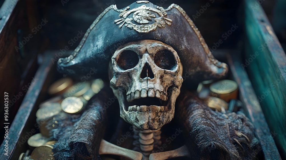 Haunting Pirate Skeleton Captain Guards Cursed Treasure in Eerie Watercolor Atmosphere