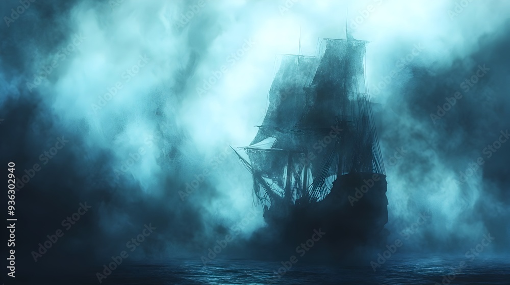 Fototapeta premium Ghostly Pirate Ship Emerging from Eerie Foggy Ocean in Watercolor Style