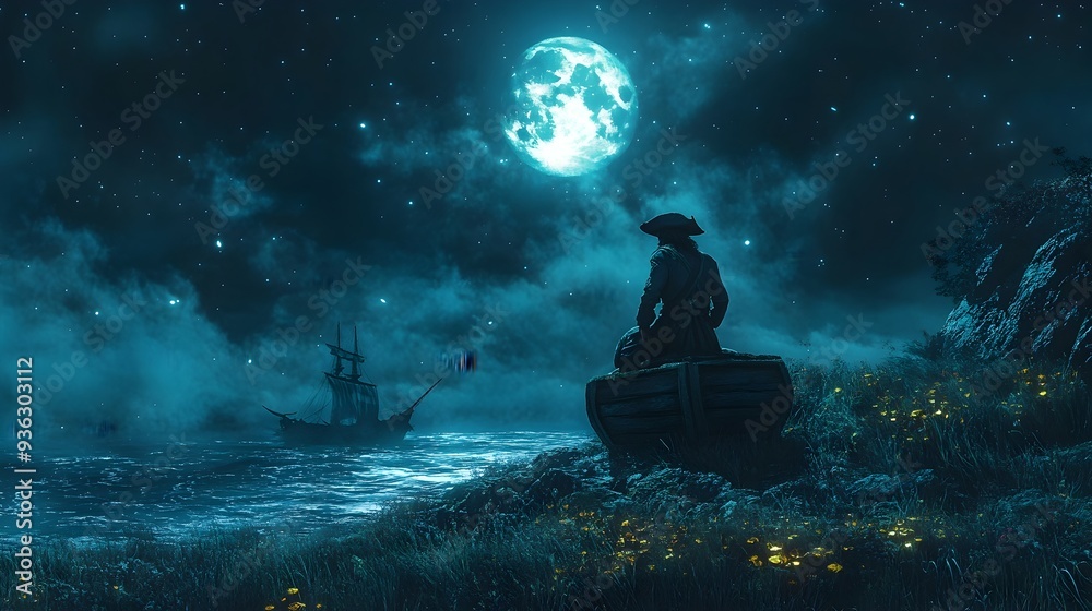 Spectral Pirate Captain Stares at Cursed Treasure Under Moonlit Night in Watercolor Painting Spectral Pirate Captain Stares at Cursed Treasure Under Moonlit Night in Watercolor Painting
