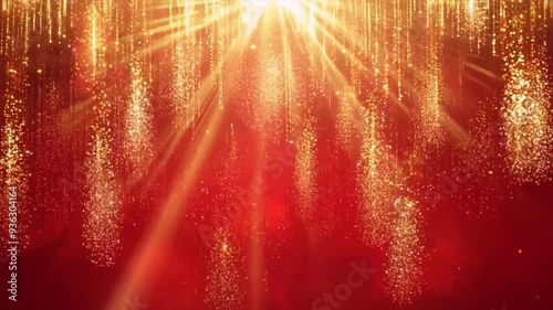 Golden Glitter Particles Falling on a Red Background