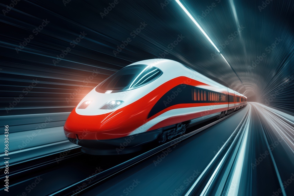 A high-speed train zooms through a tunnel, showcasing modern transportation technology and sleek design in motion. A high-speed train zooms through a tunnel, showcasing modern transportation technology and sleek design in motion.
