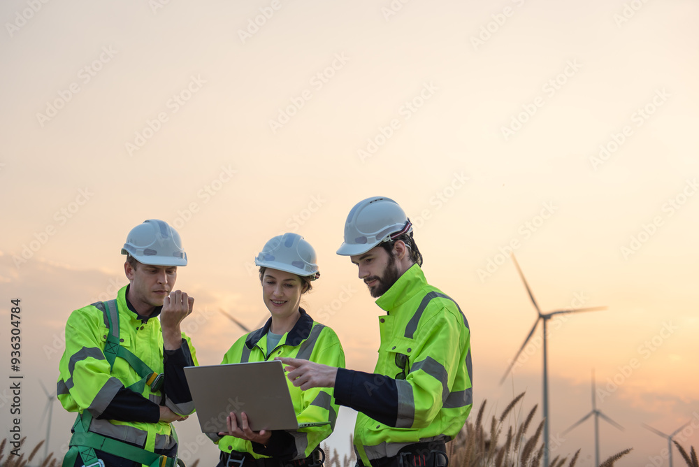Engineers working on site in wind turbine farm, Wind turbines generate clean energy source, Eco technology for electric, industry environment Engineers working on site in wind turbine farm, Wind turbines generate clean energy source, Eco technology for electric, industry environment