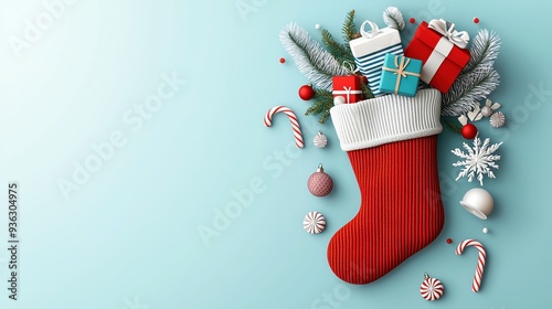 Colorful Christmas stocking filled with gifts, candies, and decorations on a pastel background, perfect for holiday celebrations.