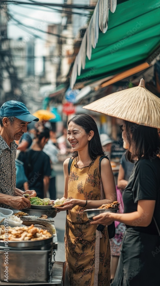 Tourists enjoy local street food offered by a vendor in a bustling market, surrounded by colorful stalls and lively crowds Tourists enjoy local street food offered by a vendor in a bustling market, surrounded by colorful stalls and lively crowds