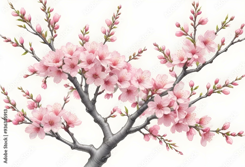 A pink cherry blossom tree and branches with delicate pink flowers blooming against a warm neutral white background A pink cherry blossom tree and branches with delicate pink flowers blooming against a warm neutral white background