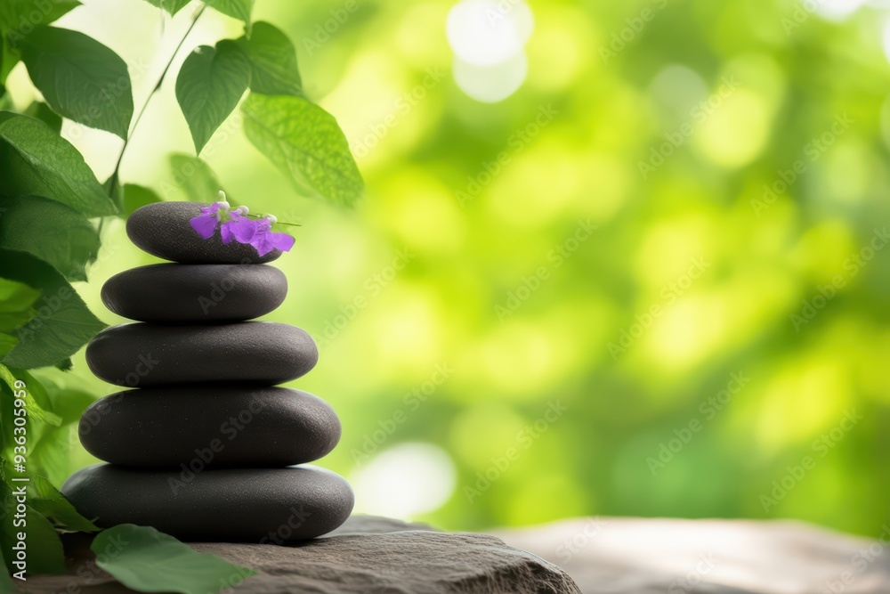 A serene stack of black stones adorned with a vibrant flower, surrounded by lush green foliage, promoting relaxation and harmony. A serene stack of black stones adorned with a vibrant flower, surrounded by lush green foliage, promoting relaxation and harmony.