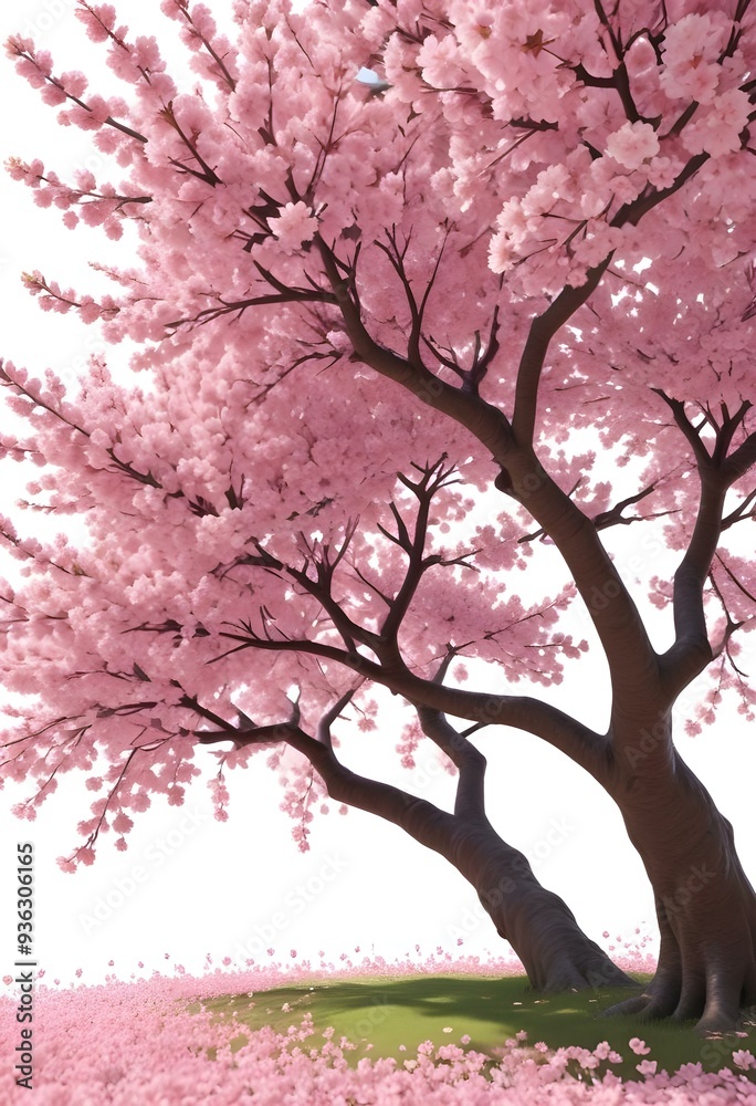 A pink cherry blossom tree and branches with delicate pink flowers blooming against a warm neutral white background A pink cherry blossom tree and branches with delicate pink flowers blooming against a warm neutral white background