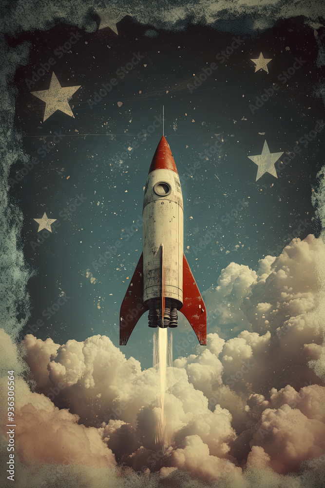 Fototapeta premium Retro Futuristic Rocket Launch to the sky