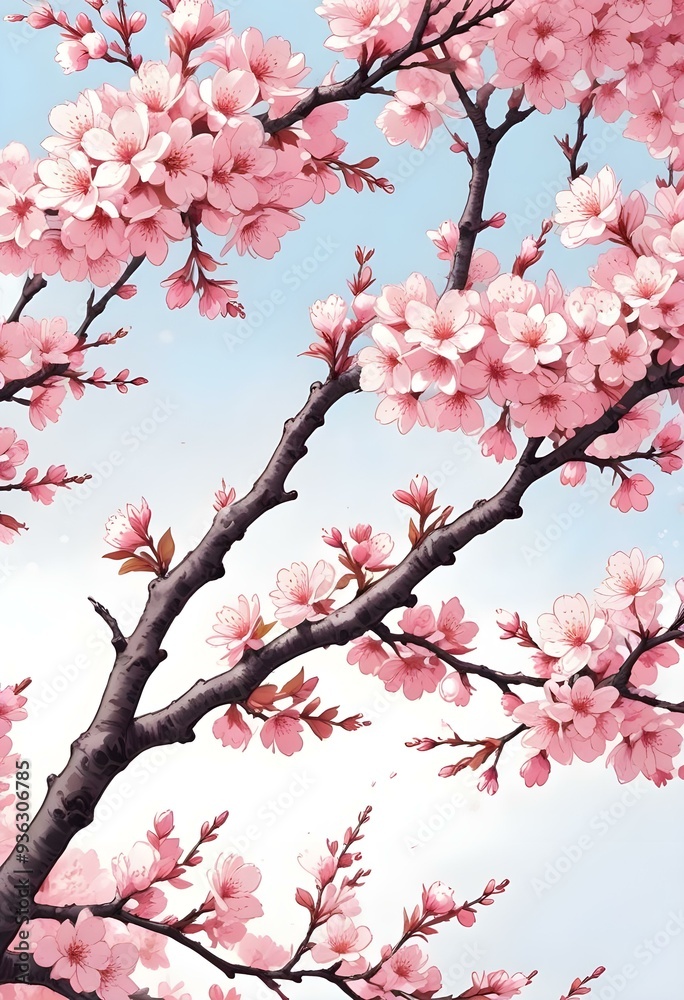 Obraz premium A pink cherry blossom tree and branches with delicate pink flowers blooming against a warm neutral white background