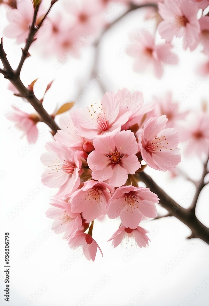 A pink cherry blossom tree and branches with delicate pink flowers blooming against a warm neutral  white background