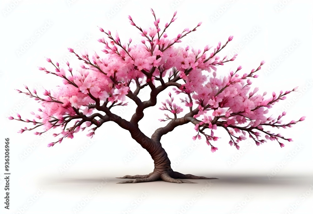 A pink cherry blossom tree and branches with delicate pink flowers blooming against a warm neutral white background A pink cherry blossom tree and branches with delicate pink flowers blooming against a warm neutral white background