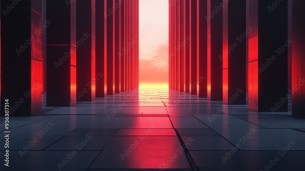 A stunning sunset view framed by towering columns, showcasing vibrant red hues and reflections on the sleek surface. A stunning sunset view framed by towering columns, showcasing vibrant red hues and reflections on the sleek surface.