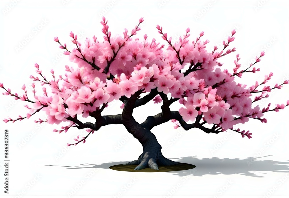 Fototapeta premium A pink cherry blossom tree and branches with delicate pink flowers blooming against a warm neutral white background