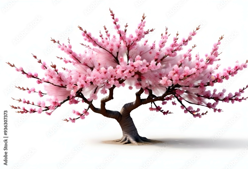 A pink cherry blossom tree and branches with delicate pink flowers blooming against a warm neutral white background A pink cherry blossom tree and branches with delicate pink flowers blooming against a warm neutral white background