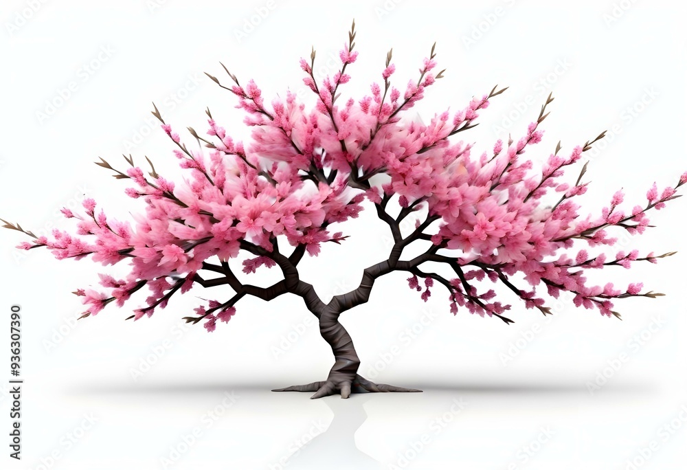Obraz premium A pink cherry blossom tree and branches with delicate pink flowers blooming against a warm neutral white background