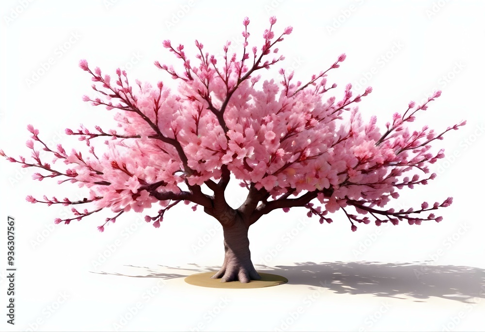 A pink cherry blossom tree and branches with delicate pink flowers blooming against a warm neutral white background A pink cherry blossom tree and branches with delicate pink flowers blooming against a warm neutral white background