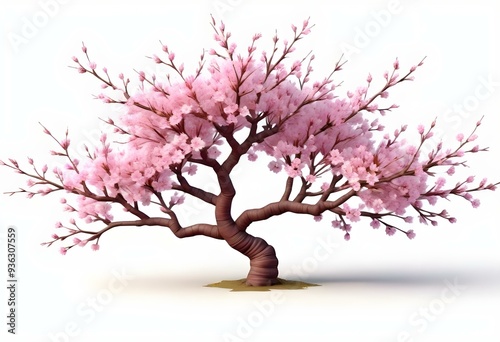 A pink cherry blossom tree and branches with delicate pink flowers blooming against a warm neutral white background