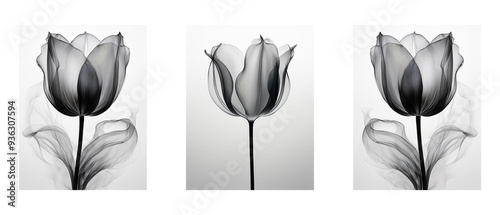 Panel kuchenny z motywem Czarne transparentne tulipany na białym tle tryptyk. 