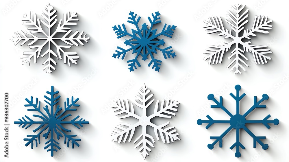 A collection of artistic snowflakes in white and blue, perfect for winter-themed designs and seasonal decorations. A collection of artistic snowflakes in white and blue, perfect for winter-themed designs and seasonal decorations.