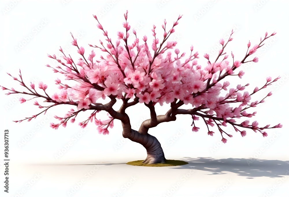 A pink cherry blossom tree and branches with delicate pink flowers blooming against a warm neutral white background A pink cherry blossom tree and branches with delicate pink flowers blooming against a warm neutral white background