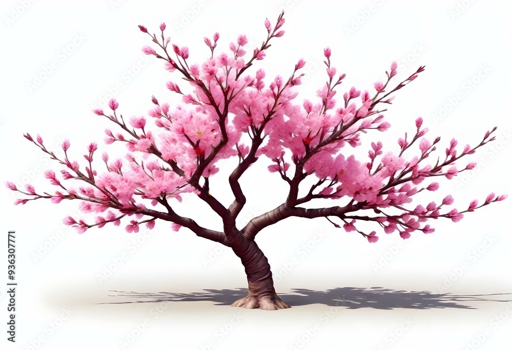 A pink cherry blossom tree and branches with delicate pink flowers blooming against a warm neutral white background A pink cherry blossom tree and branches with delicate pink flowers blooming against a warm neutral white background
